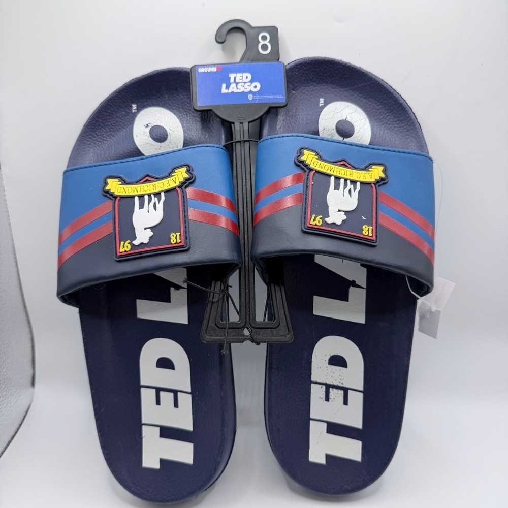 Ted Lasso Slides Navy & Blue Slide Sandals with Red Stripe Accent